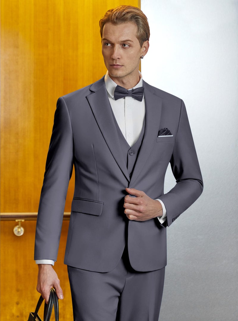 WULFUL Menâ€™s Slim Fit Suit One Button 3-Piece Blazer Dress Business Wedding Party Jacket Vest & Pant Dark Grey - Image 2